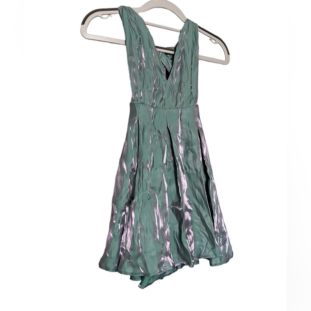 Lucy in the Sky mini dress metallic green and purple fairycore metallic glitter